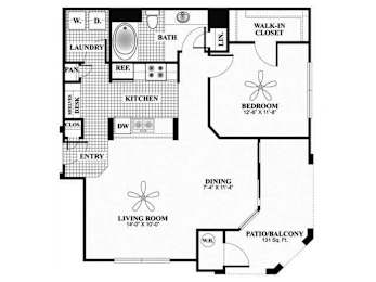 A floor plan of a house with a living room, dining room, kitchen, bedroom, bathroom, and laundry area.