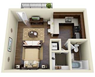 A 3D floor plan of a small apartment with a living room, dining area, kitchen, and bathroom.