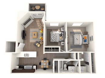 A 3D rendered image of a small apartment layout.