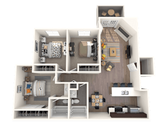 A 3D floor plan of a house with a kitchen, living room, and two bedrooms.