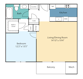 A floor plan of a living space with a bedroom, kitchen, and bathroom.