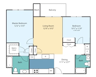 A floor plan of a home with a master bedroom, living room, dining area, and two bathrooms.