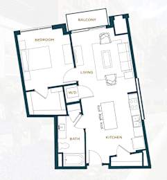 A floor plan of a house with labeled rooms such as bedroom, living, and kitchen.