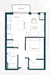 A floor plan of an apartment with a living room, kitchen, bedroom, bathroom, and a balcony.