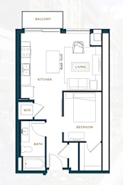 A floor plan of a small apartment with a living room, kitchen, bedroom, bathroom, and balcony.