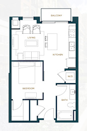A floor plan of an apartment with a living room, kitchen, bedroom, bathroom, and a balcony.