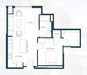 A floor plan of a house with labeled rooms including a living room, bathroom, kitchen, and bedroom.