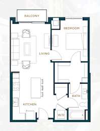 A floor plan of an apartment with a balcony, kitchen, living room, bedroom, bath, and walk-in closet.