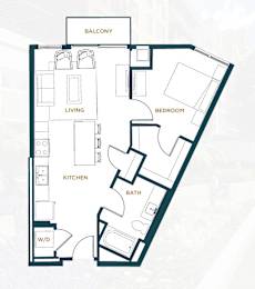 A floor plan of an apartment with a balcony, living room, kitchen, bath, bedroom, and a workspace.