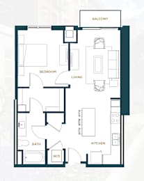 A floor plan of an apartment with a balcony, living room, kitchen, bath, and bedroom.