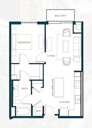 A floor plan of an apartment with a balcony, bedroom, living room, kitchen, bathroom, and a workspace.