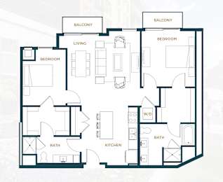A floor plan of a house with two bedrooms, a living room, a kitchen, a bathroom, and two balconies.