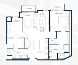 A floor plan of a house with two bedrooms, a living room, a kitchen, a bathroom, and two balconies.