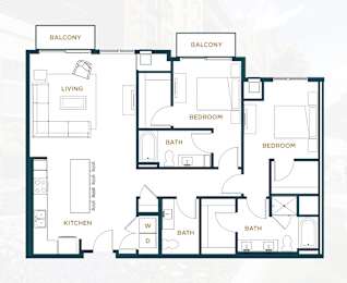 A floor plan of a two-story house with two bedrooms, a living room, a kitchen, and two bathrooms.