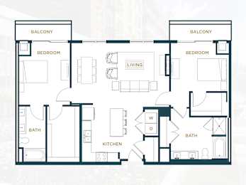 A floor plan of a house with two bedrooms, a living room, a kitchen, a bathroom, and a balcony.