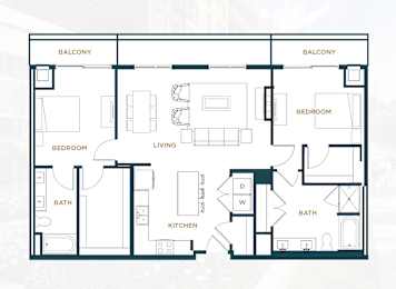 A floor plan of a house with two bedrooms, a living room, a kitchen, a bathroom, and two balconies.