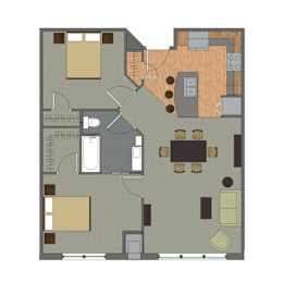 A floor plan of a house with a kitchen, living room, and dining area.