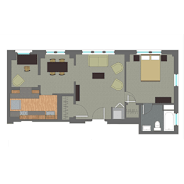 A floor plan of a house with a kitchen, living room, and two bedrooms.