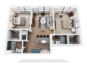 A 3D floor plan of a house with a kitchen, living room, and bathroom.