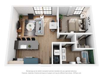 A 3D floor plan of a house with a kitchen, living room, and bathroom.