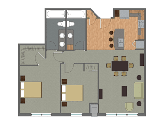 A floor plan of a building with a kitchen, living room, and two bedrooms.