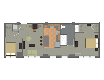 A floor plan of a house with a kitchen, living room, and two bedrooms.