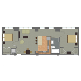 A floor plan of a house with a kitchen, living room, and two bedrooms.