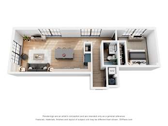 A 3D floor plan of a small apartment with a kitchen, living room, and bedroom.