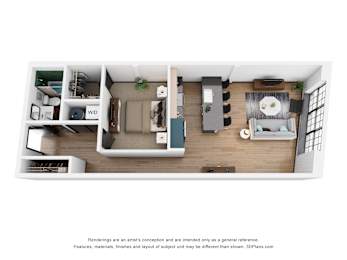 A 3D floor plan of a small apartment with a kitchen, living room, and bathroom.