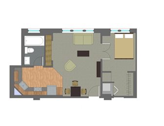 A floor plan of a house with a kitchen, living room, and two bedrooms.