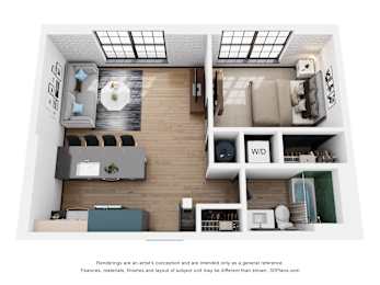 A 3D floor plan of a small apartment with a kitchen, living room, and bathroom.