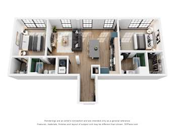 A 3D floor plan of a house with a kitchen, living room, and two bedrooms.