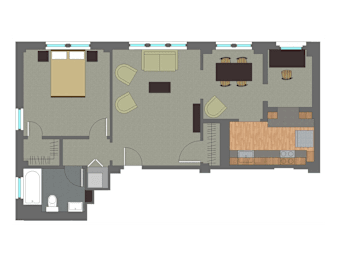 A floor plan of a house with a kitchen, living room, and dining area.