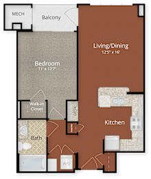 A floor plan of a home with a living/dining area, kitchen, bath, bedroom, and walk-in closet.