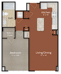 A floor plan of a house with a kitchen, living/dining area, bedroom, and bathroom.