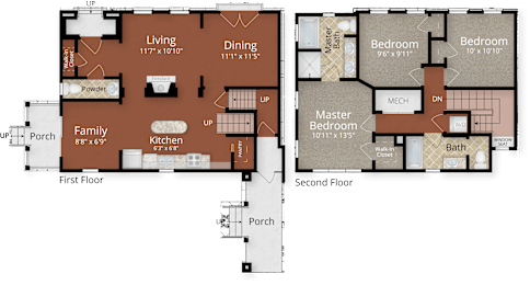 A floor plan of a two-story house with a living room, dining room, kitchen, two bedrooms, a master bedroom, and a porch.