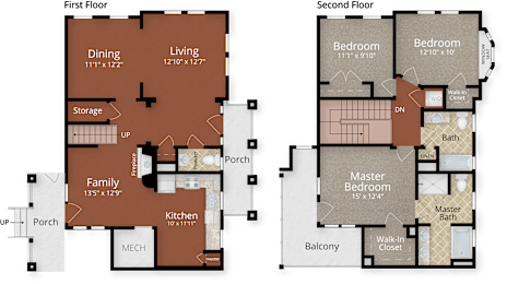 A floor plan of a two-story house with labeled rooms.