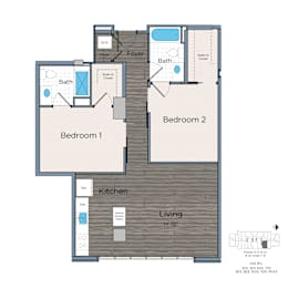 A floor plan of a small apartment with two bedrooms, a living room, and a kitchen.
