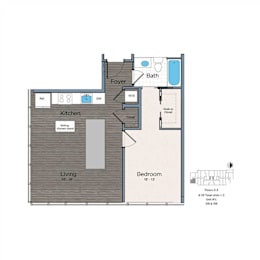 A floor plan of a small apartment with a living room, kitchen, bedroom, bathroom, and foyer.