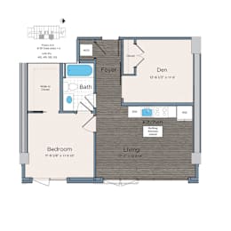 A floor plan of a small apartment with a bedroom, living room, kitchen, and bathroom.