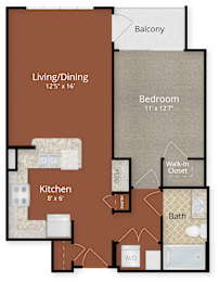A floor plan of an apartment with a living/dining area, kitchen, bedroom, bathroom, and walk-in closet.