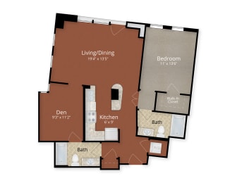 One Bedroom Two Bath Floor Plan at Park Place at Petworth, Washington