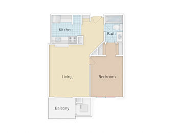 A floor plan of a living space with a kitchen, bathroom, bedroom, and balcony.