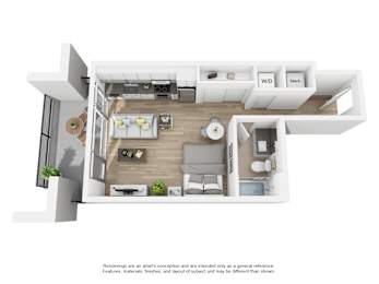A 3D rendered image of a modern apartment layout.