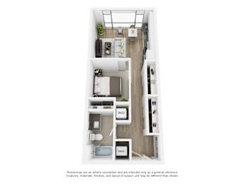 A floor plan of a small apartment with a kitchen, living room, and bathroom.