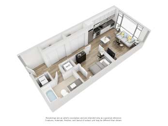 A 3D rendering of a modern living room with a kitchen area.