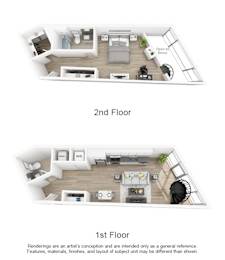 A floor plan of a two-story home with a kitchen, living room, and bedrooms.