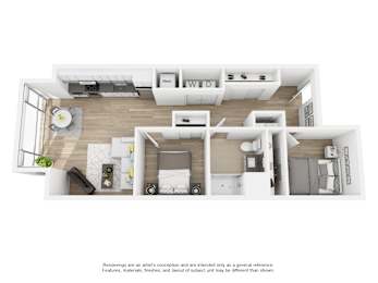 A white floor plan of a house with a kitchen, living room, and bedrooms.