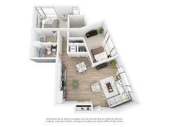 A floor plan of a house with a living room, dining room, kitchen, and two bedrooms.