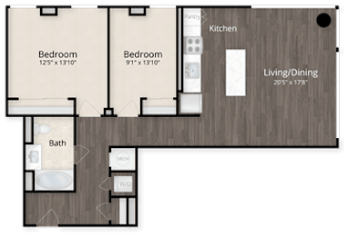 A floor plan of a home with two bedrooms, a bathroom, a kitchen, and a living/dining area.